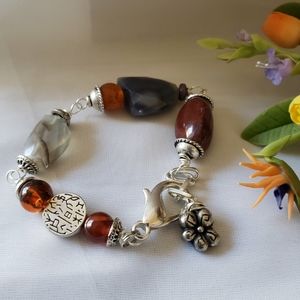 Boho Chalcedony, Glass Beaded Bracelet Blue & Rust